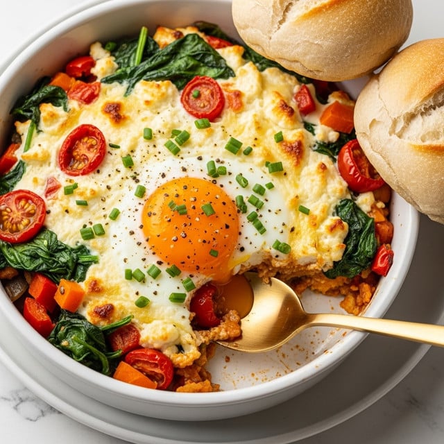 A white round baking dish holds a baked egg dish with visible layers starting with a base of mixed sautéed vegetables including red cherry tomatoes, chopped green spinach, and diced orange and red peppers. Above this is a layer of baked, slightly browned cheese, and on top rests a whole sunny-side-up egg with a bright orange yolk and cooked white, seasoned lightly with black pepper. Fresh green chopped chives are sprinkled over the egg and vegetables. A gold spoon dips into the dish, revealing its soft and creamy texture. The dish sits on a white plate with two crusty, light brown bread rolls placed beside it. The background surface is a white marbled texture. Photo taken with an iphone --ar 4:5 --v 7