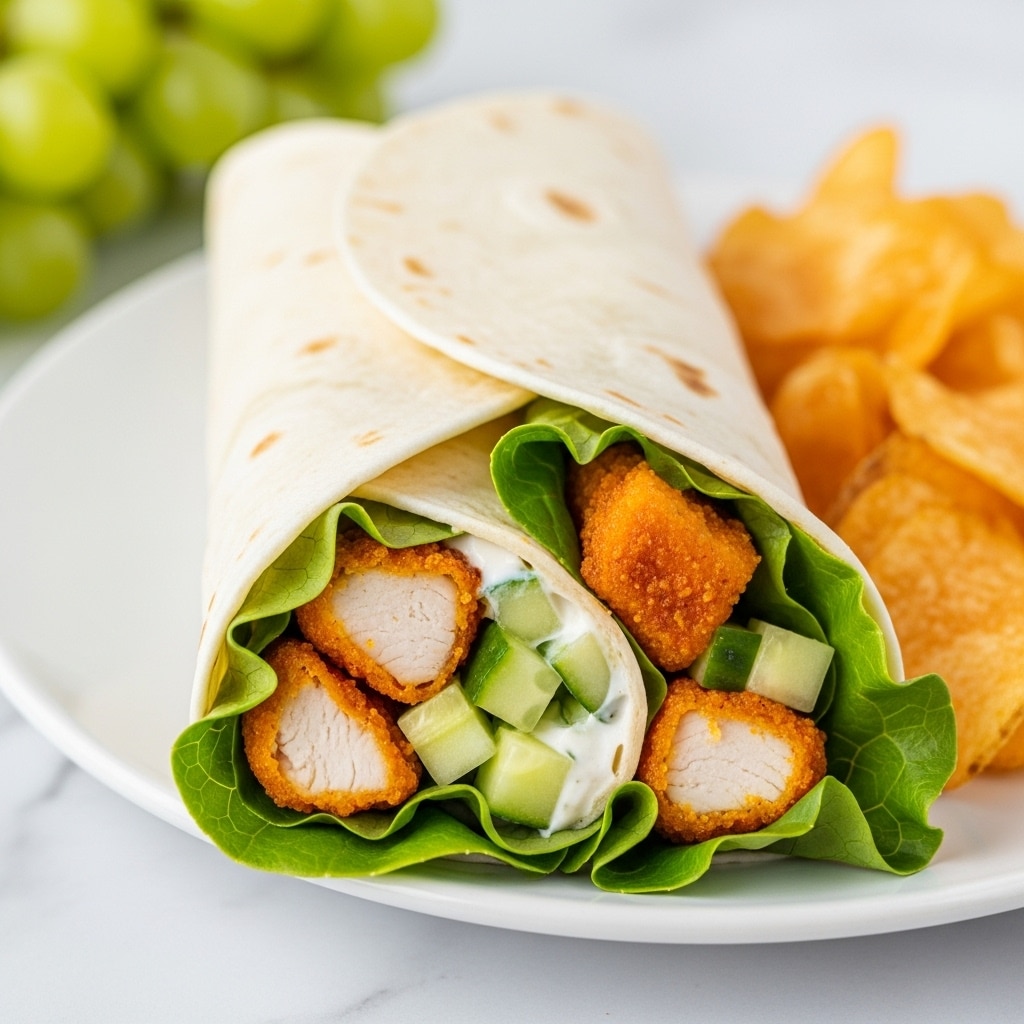 A white flour tortilla wrap is rolled and filled with three visible layers inside: crispy cooked chicken pieces with a light orange color, small cubes of light green cucumber, and a creamy white sauce. The wrap rests on a bed of bright green leafy lettuce, slightly spilling out from underneath. The plate is white, holding the wrap along with green grapes and orange potato chips blurred in the background, all set on a white marbled surface. photo taken with an iphone --ar 4:5 --v 7