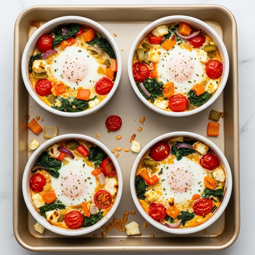 Four white round ceramic ramekins filled with baked egg dishes sit in a beige baking tray on a white marbled surface. Each ramekin has one soft-cooked egg in the center, with a white cooked egg white and a pale yellow yolk. Surrounding the egg is a colorful mix of cooked vegetables including bright red cherry tomatoes, chopped orange bell peppers, dark green spinach leaves, and bits of light brown onions. The edges of the dishes show melted cheese and slightly browned baked bits, adding texture and a warm tone of golden-orange. The ramekins are evenly spaced, and a few small pieces of vegetables and melted cheese are scattered around them on the baking tray. Photo taken with an iphone --ar 4:5 --v 7