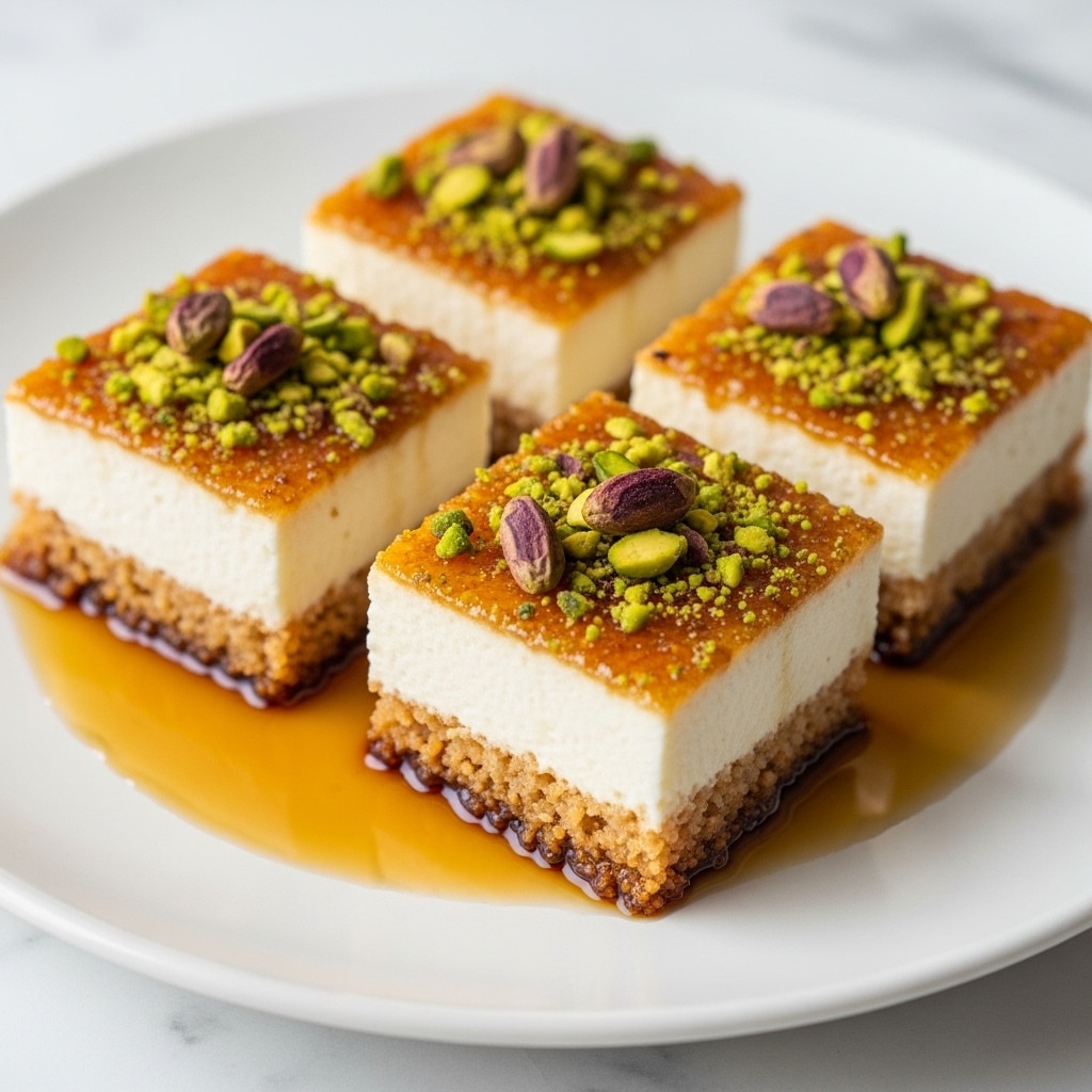 Four small, thick, square pieces of roasted cheese sit closely on a white plate over a white marbled texture. Each piece has a golden-brown caramelized top layer, with sides coated in a crunchy mix of finely chopped green and purple pistachios, herbs, and spices. On top of each cheese square is a generous mound of roughly chopped pistachios, glistening with a sticky glaze. A dark, shiny syrup pools around the cheese on the plate, adding contrast to the dish's warm colors. The background is softly blurred, focusing attention on the textured, nutty, and sticky layers of the cheese pieces. photo taken with an iphone --ar 4:5 --v 7
