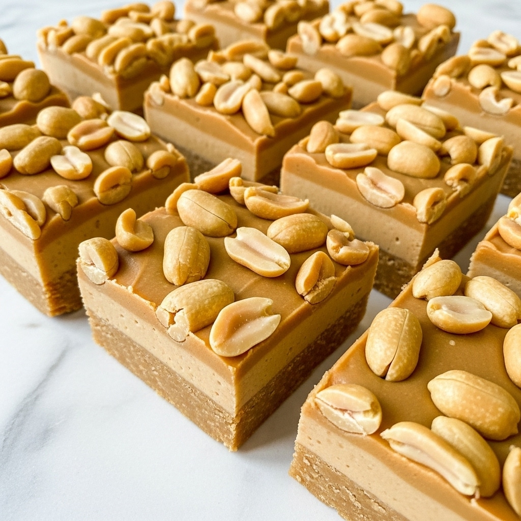 The image shows several square pieces of peanut butter fudge arranged closely on a white marbled surface. Each piece has one smooth light brown layer with a creamy texture, topped with whole and halved natural peanuts scattered unevenly across the surface, giving a slightly rough look on top. The pieces are cut cleanly with straight edges, and the color varies slightly from light tan to a deeper golden brown where the peanuts sit. photo taken with an iphone --ar 4:5 --v 7