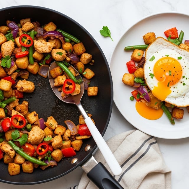 A black skillet filled with a colorful mix of diced golden-brown potatoes, light tan chicken pieces, bright red chili slices, green beans, and chunks of orange and red bell peppers, all mixed with bits of purple onion and sprinkled with fresh green herbs. A silver spoon with a white handle is resting inside the skillet, scooping up some of the mixture. Next to the skillet, a white plate holds a serving of the dish topped with a sunny-side-up egg, its bright orange yolk shining and edges lightly crisped, resting on a white marbled surface with a striped cloth napkin nearby. Photo taken with an iphone --ar 4:5 --v 7