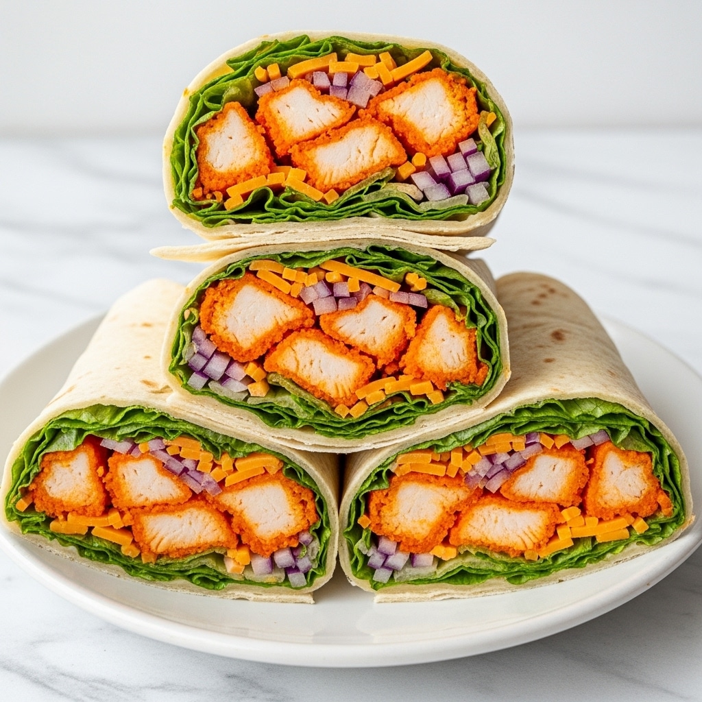 Three chicken wraps cut in half are stacked on a white plate, placed on a white marbled surface. Each wrap has a soft, light beige tortilla outer layer. Inside, there is a visible fresh green lettuce leaf layer closest to the tortilla, with bright orange chicken pieces coated in sauce forming the next thick, textured layer. Shredded orange cheese and small pieces of purple-red onion are scattered among the chicken and lettuce, adding pops of color and texture within each wrap. The photo is bright and clear, showing the fresh ingredients and vibrant colors well. Photo taken with an iphone --ar 4:5 --v 7