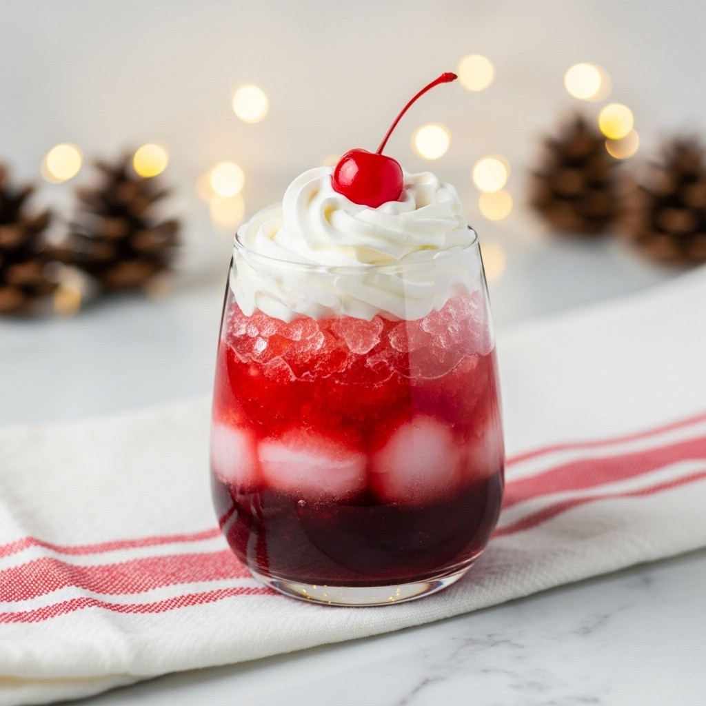 A clear glass filled with three main layers: at the bottom is a dark red liquid mixed with crushed ice, above it a lighter red layer with more crushed ice creating a textured and icy look, topped with a thick swirl of white whipped cream that looks soft and fluffy, finished with a bright red cherry sitting right on top. The glass sits on a white cloth with red stripes on a white marbled surface, with a blurred background of warm lights and pine cones. Photo taken with an iphone --ar 4:5 --v 7