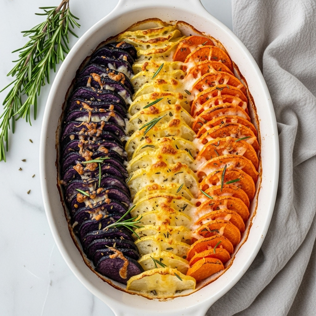 A white oval baking dish filled with baked layered slices of vegetables, arranged vertically in three sections: deep purple slices on the left, light yellow slices with a golden-brown top in the middle, and bright orange slices with a slightly crispy edge on the right. The layers are tightly packed, about four to five layers deep, with melted cheese covering the top, browned in spots. Small green sprigs of rosemary garnish the dish, and there are some herbs sprinkled over the cheese. The dish sits on a white marbled surface next to a light gray cloth and a small bunch of rosemary. Photo taken with an iphone --ar 4:5 --v 7