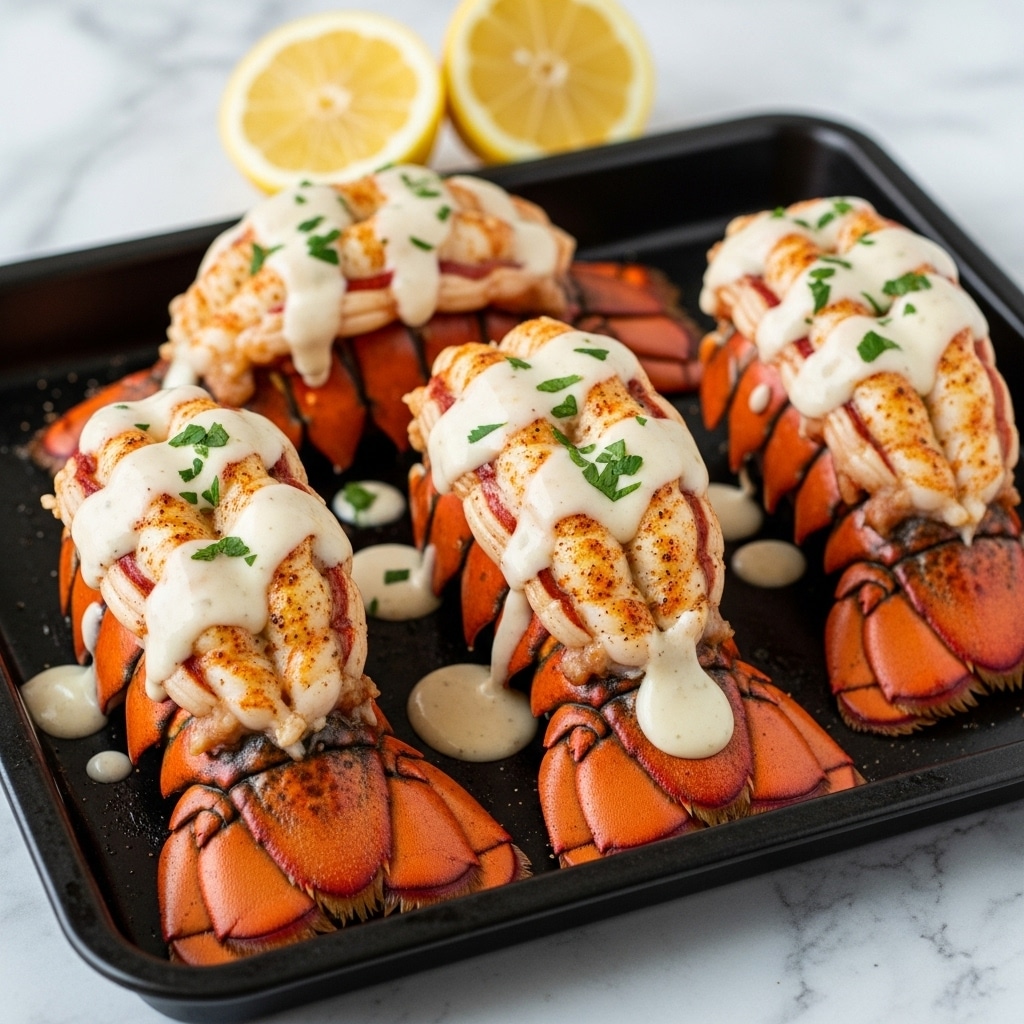 The image shows three grilled lobster tails in a black baking tray placed on a white marbled surface. Each lobster tail has several layers of orange-pink grilled shell with a slightly charred texture, and white tender lobster meat peeking through the shell cuts. The lobster is topped with a creamy white sauce generously drizzled over the surface, with small green parsley pieces scattered on top adding contrast. The creamy sauce pools slightly around the tails, showing a rich and smooth texture with faint brown spots of seasoning. Two lemon halves appear in the background, adding a bright yellow touch. Photo taken with an iphone --ar 4:5 --v 7