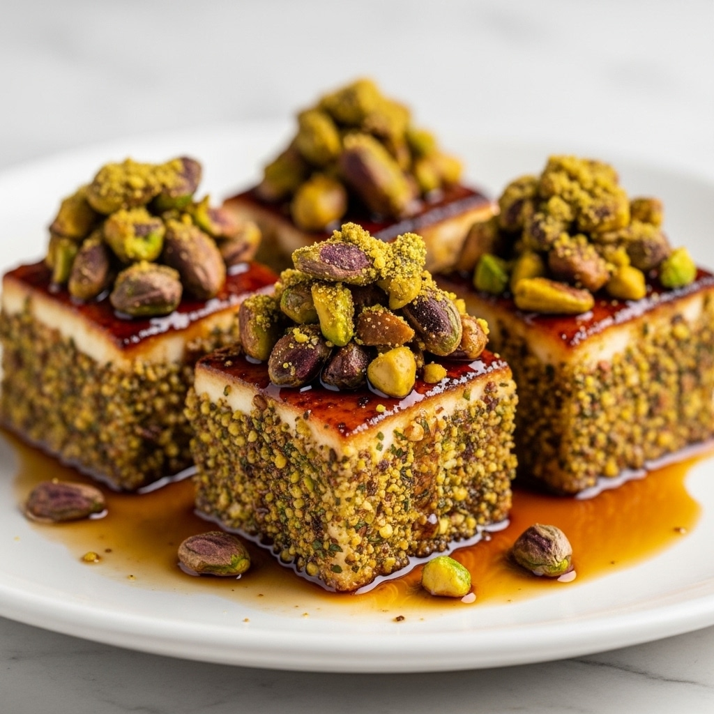 Four square pieces of creamy white dessert sit on a white plate with dark syrup pooling around them. Each piece has a golden-brown caramelized top layer sprinkled generously with chopped green and reddish pistachios. The sides show a textured look where the caramelized sugar and nuts coat the edges, adding a crunchy appearance. The white marbled surface beneath the plate brings out the rich colors of the dessert. Photo taken with an iphone --ar 4:5 --v 7