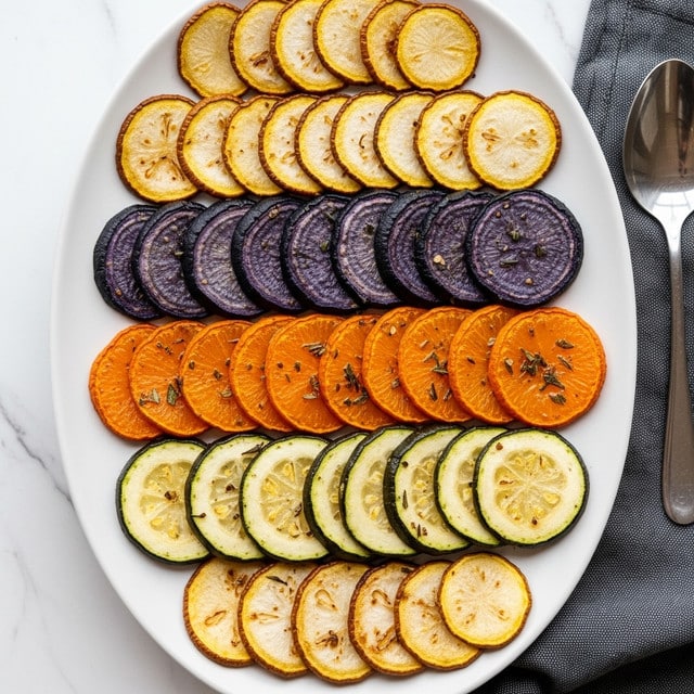 The image shows an oval white plate with four rows of thinly sliced vegetables layered closely together. The top row has light yellow slices with a slightly browned, crispy texture. Below it is a row of dark purple slices, showing a smooth, slightly shiny surface. The third row has orange slices that look roasted with a little shine and hints of herbs between the layers. The bottom row mirrors the top with light yellow slices, also roasted and slightly brown on the edges. The plate is on a white marbled surface, with a dark gray cloth and a metal spoon nearby. Photo taken with an iphone --ar 4:5 --v 7
