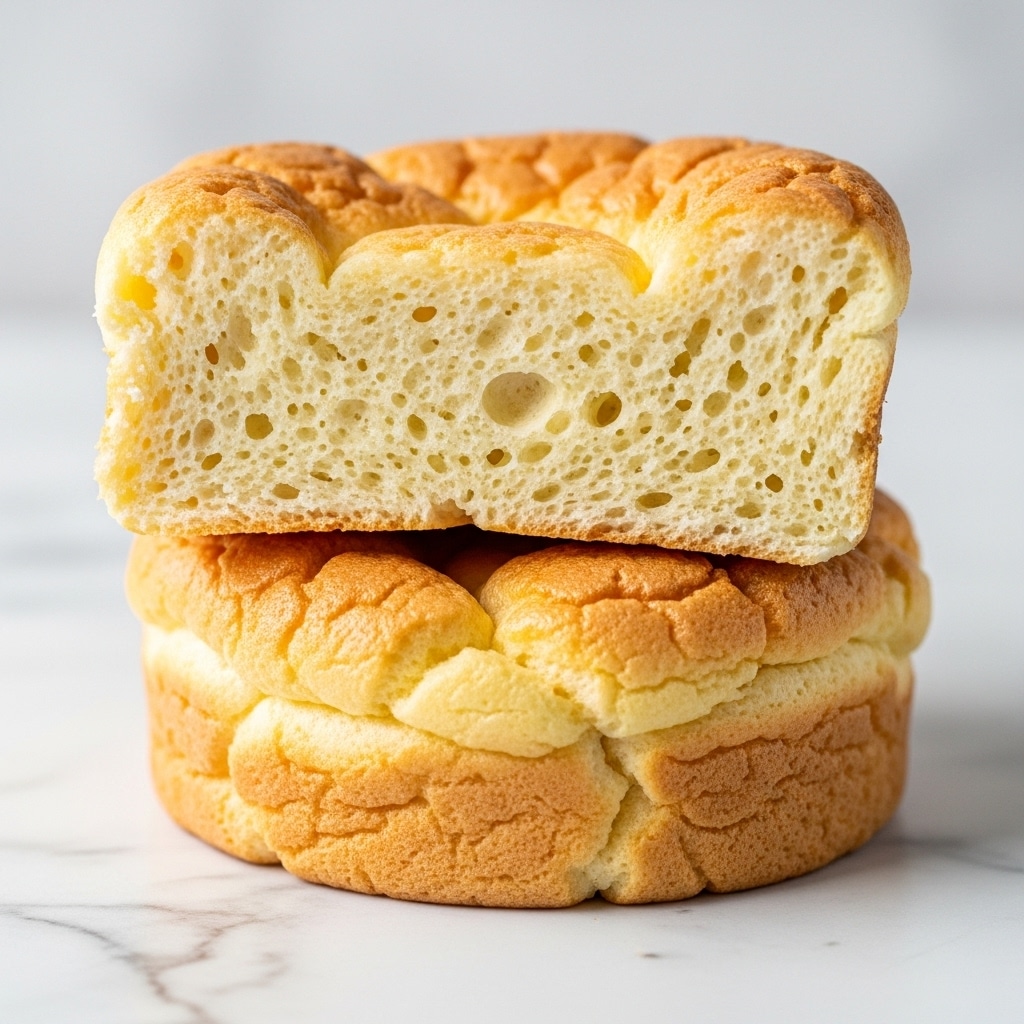 The image shows two thick, fluffy cloud bread pieces stacked on a white marbled surface. The bottom piece is golden brown with a soft, slightly cracked texture. The top piece is lifted slightly to reveal its light, airy, and spongy inside, which is pale yellow with a delicate, almost cloud-like texture. The surface of the bread looks soft with slight unevenness and gentle browning. photo taken with an iphone --ar 4:5 --v 7