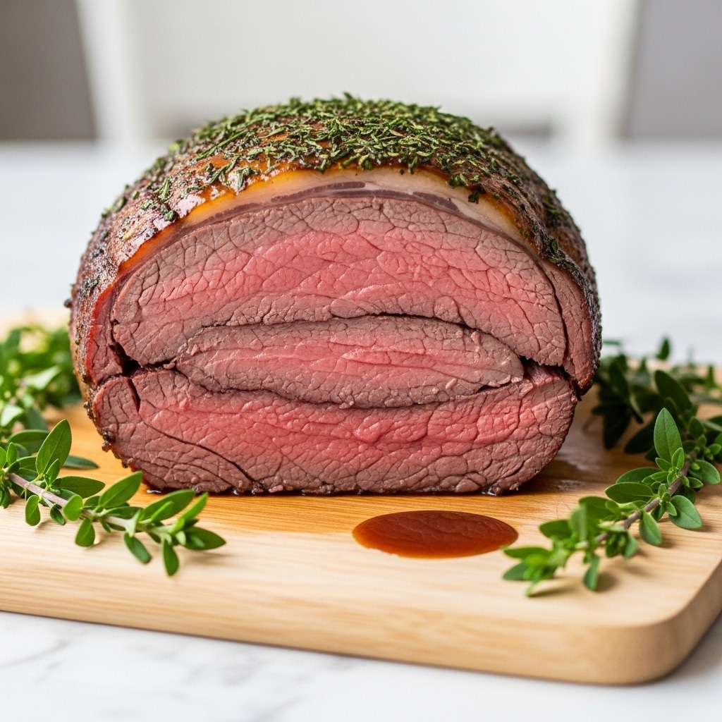 A thick, round roast beef cut in half revealing three layers of pink, tender meat with a light brown outer edge and a shiny, dark brown crust on top covered with green herbs. The roast sits on a light wooden cutting board surrounded by fresh green herb sprigs. The cutting board is placed on a white marbled surface with a soft, blurry background. The meat juices form a small dark brown puddle near the roast. photo taken with an iphone --ar 4:5 --v 7