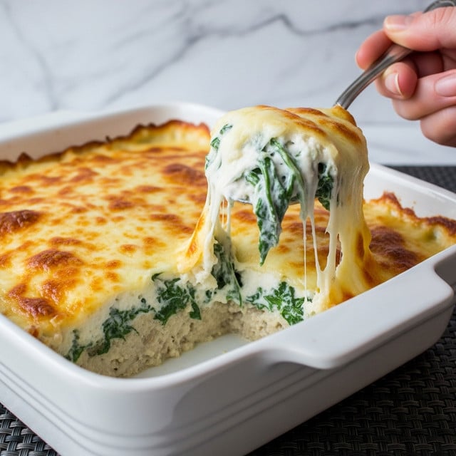 A close-up of a creamy baked dish in a white ceramic rectangular baking dish, showing three main layers: the top layer is a golden brown melted cheese with some darker browned spots, beneath it is a thick white creamy sauce mixed with green leafy vegetables, and the base layer appears dense and creamy, visible where a scoop is being lifted. A woman's hand holds a large spoon with a gooey, stretchy portion of the dish, emphasizing the melted cheese and the mixed greens inside. The dish is placed on a dark woven textured surface with a white marbled textured background. Photo taken with an iphone --ar 4:5 --v 7
