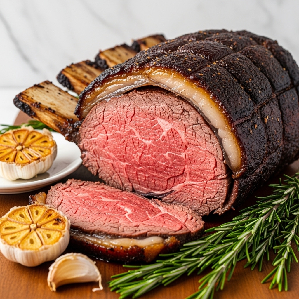 A large roast beef with a dark, crispy outer crust is shown cut open to reveal a pink, tender inside with a marbled texture. Around the edges of the meat, a layer of caramelized fat adds a shiny, juicy look. The roast sits on a wooden cutting board with thick sprigs of fresh green rosemary arranged in the front right corner. To the left, there are caramelized, golden-brown garlic cloves on a small white plate, with one garlic clove resting on the board directly. The background shows a soft, white marbled texture. The photo taken with an iphone --ar 4:5 --v 7