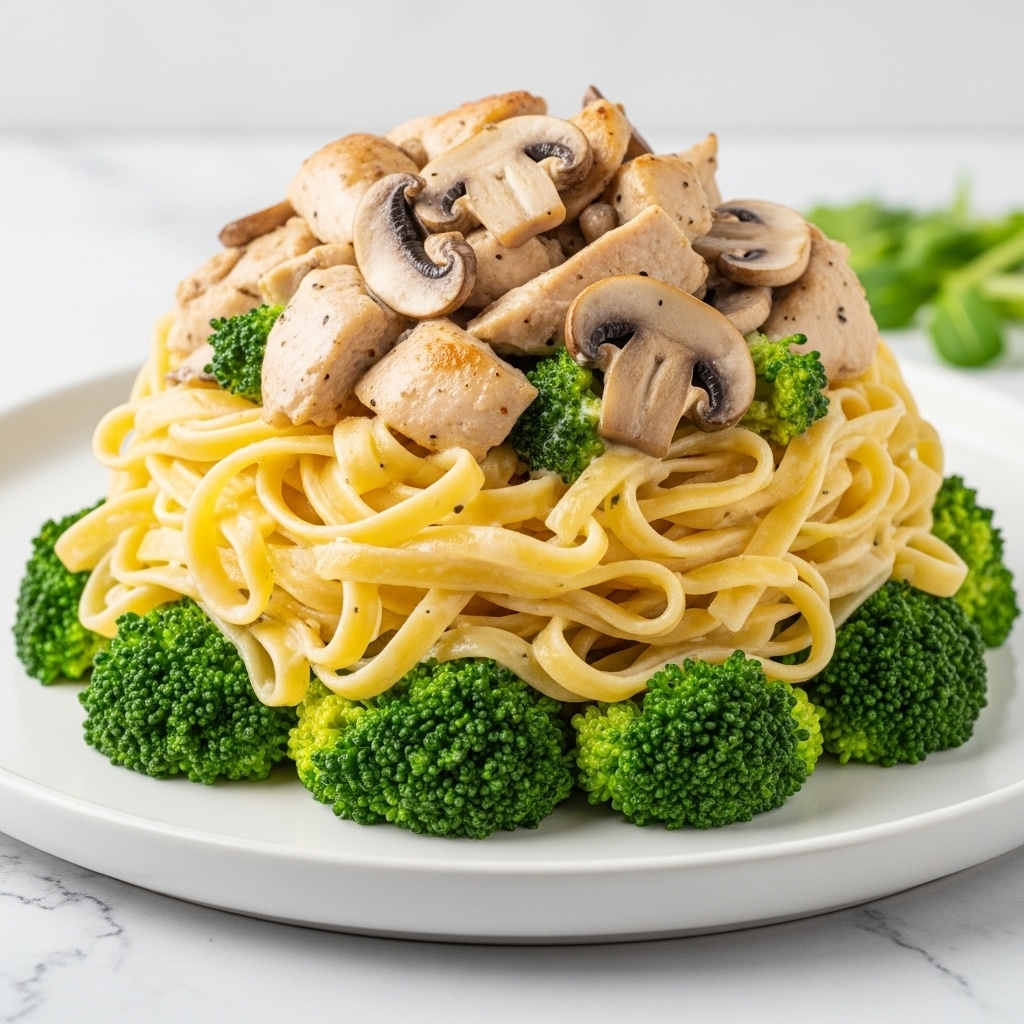 A close-up view of a white round plate with a creamy pasta dish piled in the center, showing about three layers: the bottom layer of bright green broccoli florets, the middle layer of yellowish fettuccine noodles twisted together, and the top layer of light brown cooked chicken pieces mixed with sliced mushrooms. The pasta is coated with a creamy white sauce, and the plate is set against a white marbled textured background with a few green garnishes on the side. Photo taken with an iphone --ar 4:5 --v 7