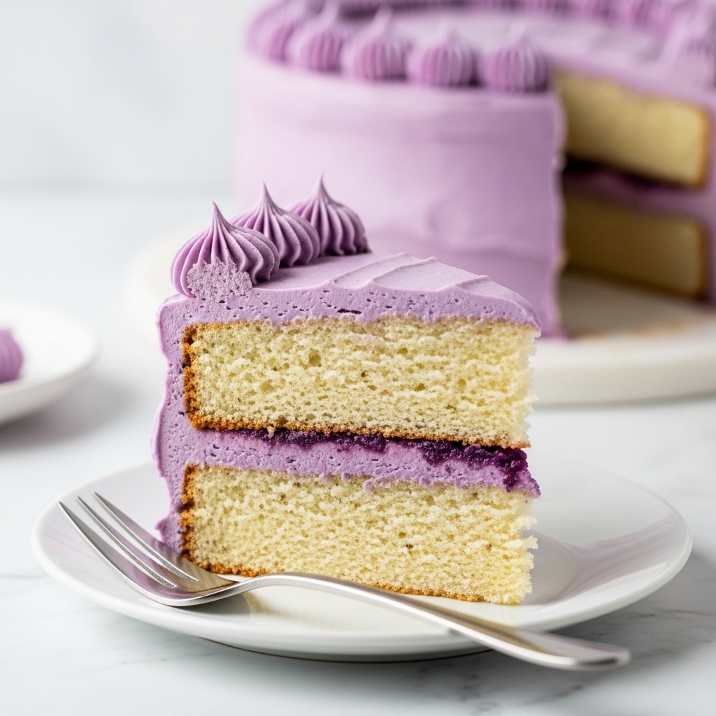 A slice of three-layer cake sits on a white plate with a silver fork beside it, all placed on a white marbled surface. The cake layers are light beige with tiny specks, looking soft and fluffy. Between each cake layer is a thick, smooth spread of purple frosting that also covers the outer edges and top of the cake. The top frosting has a slightly wavy texture with a few small peaks. In the blurry background, part of the full cake with the same purple frosting is visible. The photo is bright with soft lighting, emphasizing the cake’s texture and colors. Photo taken with an iphone --ar 4:5 --v 7
