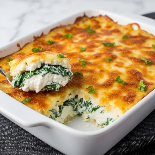 The dish is a creamy white dip with visible green spinach pieces mixed inside, topped with a golden brown melted cheese crust that looks slightly crispy. It is served in a white rectangular baking dish, partially scooped out, showing the soft, smooth creamy texture beneath the browned top layer. In the foreground, a spoon holds a scoop of the dip, displaying distinct layers: the browned cheese on top, the creamy white middle, and the green spinach bits scattered throughout. The dish rests on a dark textured cloth, set against a white marbled background. Photo taken with an iphone --ar 4:5 --v 7