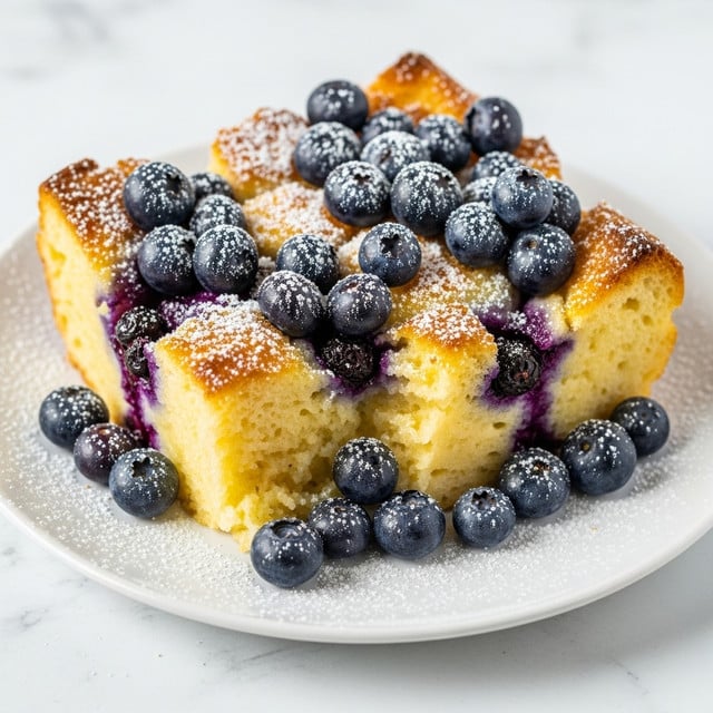 The dish is a serving of bread pudding with blueberries scattered on and around it. The bread pudding has a soft, creamy texture with golden brown, slightly crisp edges on top, while the inside looks moist and pale yellow. Blueberries, both whole and clustered, are dark purple with a slight shine, sprinkled across the pudding and the plate. The surface of the pudding and the blueberries is dusted with fine white powdered sugar, adding a light snowy effect. All items sit on a simple white plate placed on a white marbled texture. photo taken with an iphone --ar 4:5 --v 7