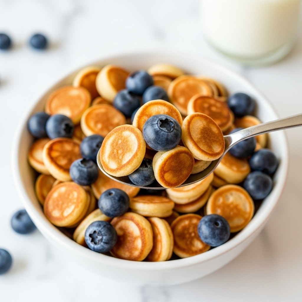 This image shows a white bowl filled with small, round, golden-brown mini pancakes that look soft and fluffy. Scattered among the pancakes are fresh, plump blueberries placed on top and around the pancakes, adding bursts of deep blue color. A spoon is scooping up some mini pancakes and blueberries from the bowl, held close to the camera for a detailed view of the pancakes' texture and color. The background is a white marbled texture, and there is a glass of milk blurred in the distance. The lighting is bright and natural, making the colors of the food look fresh and inviting. Photo taken with an iphone --ar 4:5 --v 7