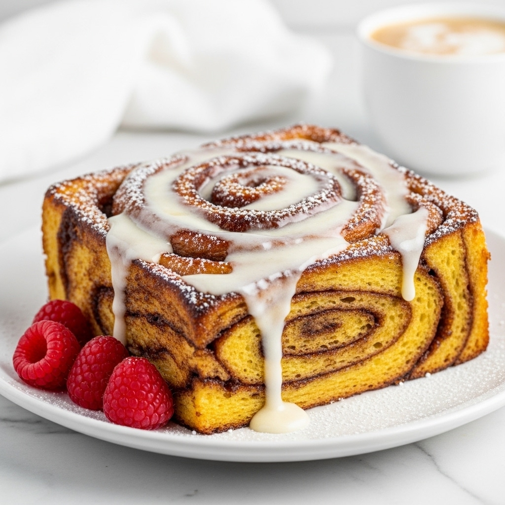 A thick square piece of cinnamon roll French toast with a dark caramelized crust and a soft, golden yellow interior is placed on a white plate. The top has creamy white icing spread unevenly, melting into the swirled layers of the toast. Small powdered sugar dusting covers parts of the crust and plate. Three fresh, bright red raspberries sit on the plate’s edge, adding color contrast. In the blurred background, there is a white cloth and a white cup with a frothy drink on a white marbled surface. photo taken with an iphone --ar 4:5 --v 7