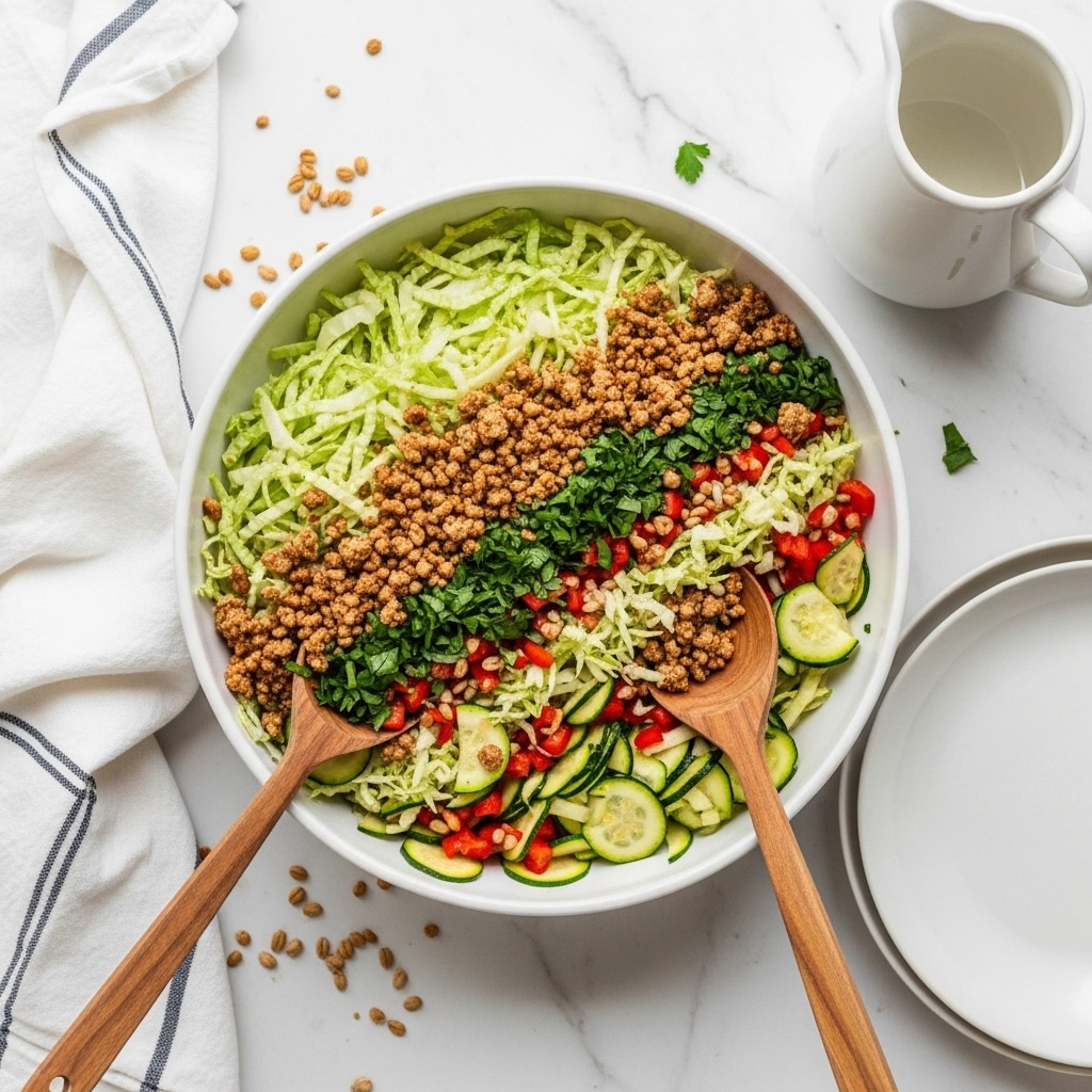 A white bowl filled with a mixed vegetable and grain salad is shown from above. The salad has several layers including light green shredded cabbage, thin dark green sliced zucchini, and small pieces of red bell pepper. There are crumbled brown grains or nuts sprinkled across the top, mixed with chopped fresh green herbs. Two wooden spoons with wide heads are resting inside the bowl, partly covered with bits of the salad. The bowl is placed on a white marbled surface with scattered grains around, next to a white striped cloth and an empty white plate, and a white ceramic pitcher is nearby. photo taken with an iphone --ar 4:5 --v 7