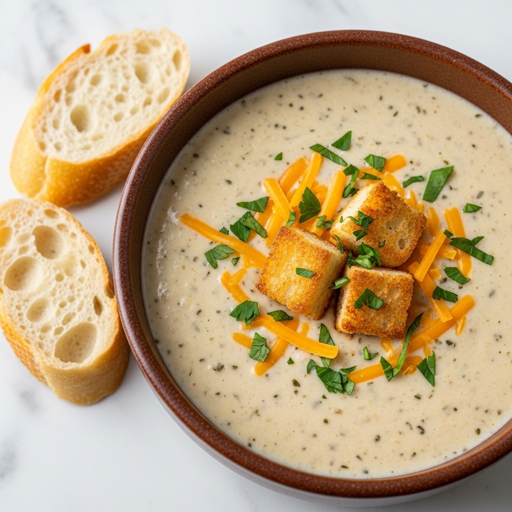 A close-up view of a creamy soup served in a rustic brown ceramic bowl on a white marbled surface, showing a thick light beige base speckled with small herbs. On top, there are three golden-brown toasted croutons placed near the center, sprinkled with finely chopped green herbs and shredded orange cheddar cheese scattered around. Two pieces of sliced baguette with a crisp crust and soft inside sit on the marbled surface near the bowl edges. The image captures the textures of the smooth soup, crunchy croutons, and fresh herbs clearly. Photo taken with an iphone --ar 4:5 --v 7