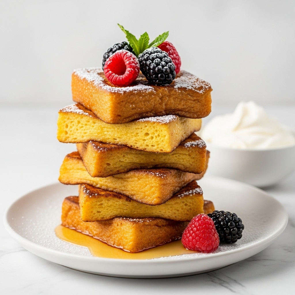A stack of five thick square pieces of French toast with a golden brown crust and a soft yellow inside is arranged on a white plate with light syrup pooling underneath. The top two squares are garnished with fresh raspberries and blackberries, and a dusting of white powdered sugar is sprinkled over the toast and plate. In the background, there is a small bowl filled with white whipped cream, all set on a white marbled surface. photo taken with an iphone --ar 4:5 --v 7