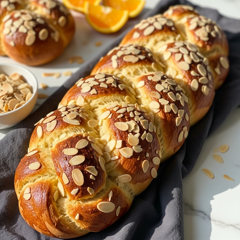 A long braided bread loaf with a golden brown crust, generously topped with light tan sliced almonds scattered unevenly across the top, resting on a dark gray cloth. In the background, there are a few bright orange slices and another smaller bread roll sprinkled with almonds. To the left side, a small white bowl filled with sliced almonds is visible. The scene is set on a white marbled surface with a warm natural light creating soft shadows. Photo taken with an iphone --ar 4:5 --v 7