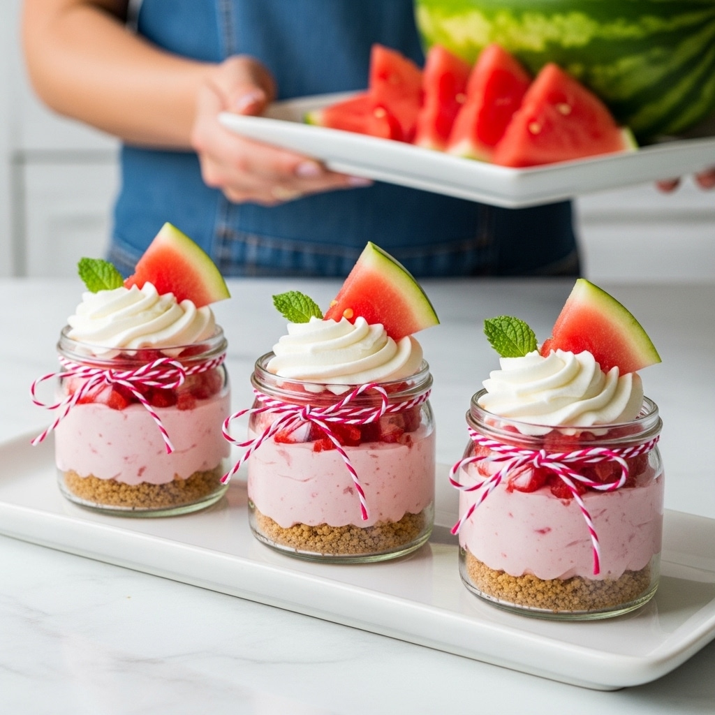 Three small glass jars sit in a row on a white rectangular plate with a white marbled texture beneath. Each jar has a bottom layer of light brown crumbly crust. Above this is a thick layer of pale pink creamy filling with small red bits mixed in. The top layer is white whipped cream shaped in a swirl. Each jar is decorated with a pink and white string tied around the middle and garnished with a small green mint leaf and a triangular slice of watermelon on top. In the background, a woman's hand holds a square white plate with a large cut watermelon. Photo taken with an iphone --ar 4:5 --v 7