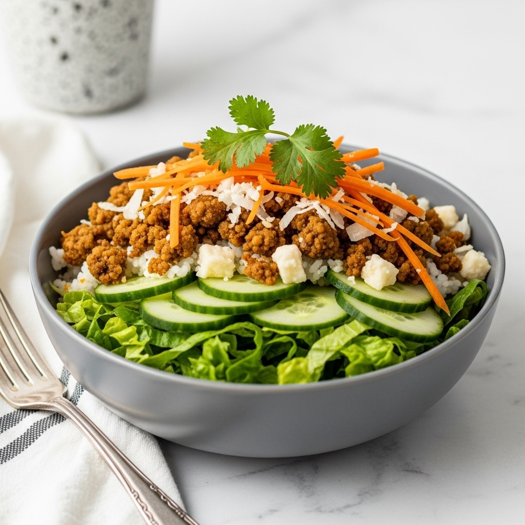 A grey bowl filled with several layers of food sits on a white marbled surface. The bottom layer contains slices of light green cucumber and chopped green lettuce. Over this, a mix of small, crumbly brown pieces resembling ground meat is spread, combined with shredded orange carrot strips and some small white chunks that look like cheese or coconut flakes. Green cilantro leaves are sprinkled on top, adding a fresh touch. The bowl rests next to a silver fork and is placed on a white and black striped cloth. In the background, there is a speckled grey cup blurred out. Photo taken with an iphone --ar 4:5 --v 7