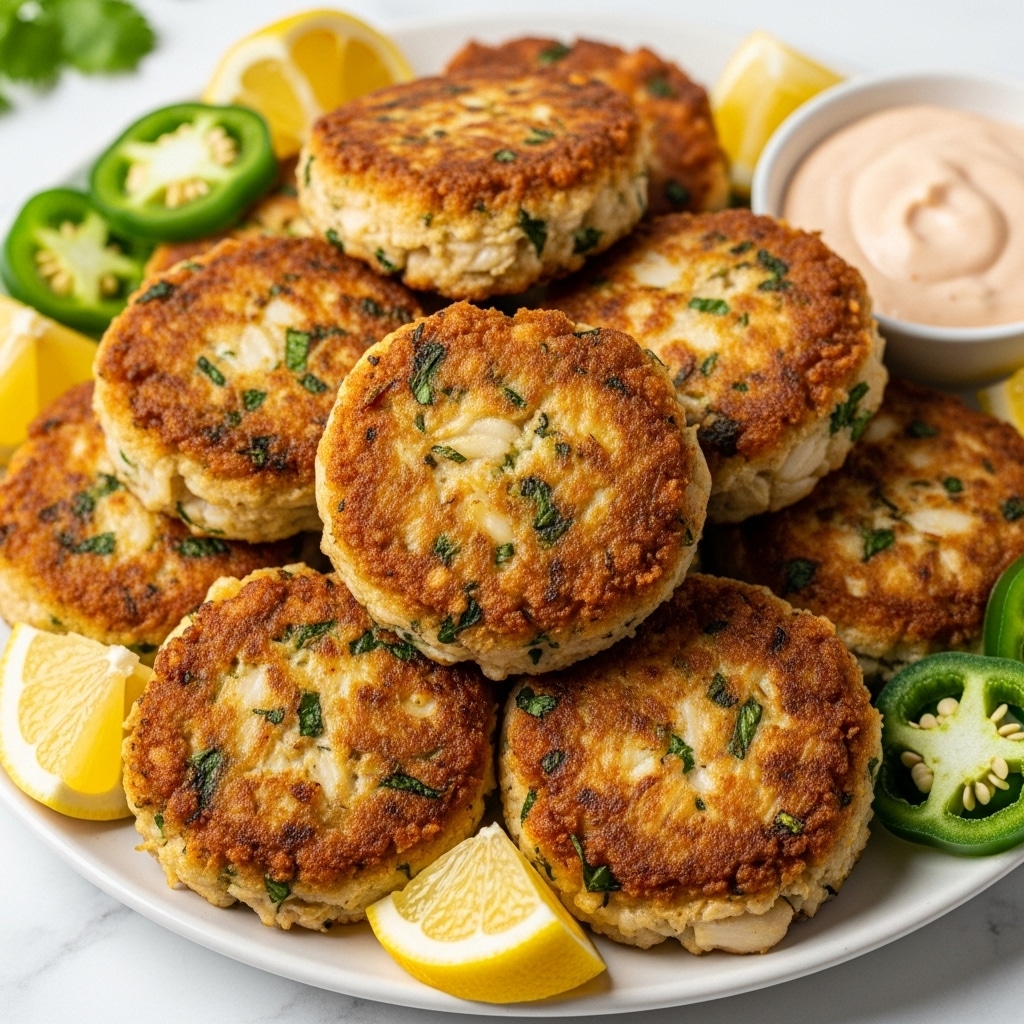 A white plate filled with a stack of golden brown crab cakes, each round cake showing a crispy, textured surface with small green herb pieces visible throughout. The crab cakes have a slightly uneven, homemade look with varying shades of light and darker brown from frying. Around the cakes are fresh lemon wedges of bright yellow and a few slices of fresh green jalapeño pepper with visible seeds. To the side, a small bowl of creamy, light pink dipping sauce is partially visible. The plate is set on a white marbled surface. photo taken with an iphone --ar 4:5 --v 7