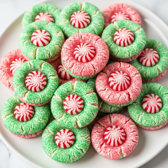 The image shows a pile of small round cookies on a white plate with a white marbled texture underneath. Each cookie has two layers: the base is a soft, slightly cracked dough dotted with either red or green sugar crystals, and the center holds a single red and white striped peppermint candy shaped like a small swirl with a pointed top. The cookies are stacked tightly together, showing a mix of the two sugar crystal colors throughout the pile. The white plate contrasts with the festive colors of the cookies. photo taken with an iphone --ar 4:5 --v 7