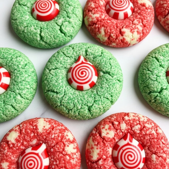 The image shows close-up round cookies with small colored sugar crystals on the surface; some cookies have green crystals and others have red crystals, creating a speckled effect. Each cookie has one red and white striped candy piece pressed in the center, shaped like a small spiral drop with a smooth and shiny texture. The cookies appear soft with a slightly crumbly texture. The background is a white marbled texture that adds a clean and bright look to the image. photo taken with an iphone --ar 4:5 --v 7