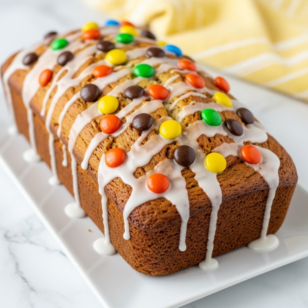 A rectangular loaf cake with a golden brown crust sits on a white rectangular plate placed on a white marbled surface. The cake’s top is decorated with colorful round candy pieces in shades of orange, yellow, and brown embedded into the surface. A white icing glaze drips unevenly across the top and sides, giving a shiny and smooth texture. In the background, a yellow cloth with white stripes is partly visible, adding a soft color contrast to the scene. photo taken with an iphone --ar 4:5 --v 7
