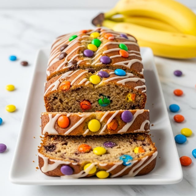 The image shows a loaf of banana bread sliced into five pieces on a long white rectangular plate. The bread has a light golden-brown crust with a shiny glaze drizzled on top. Visible inside the soft, moist texture of the loaf are colorful candy pieces in orange, yellow, and purple scattered throughout. In the background, a few whole bananas rest on a white marbled surface. Additional candy pieces are placed around the plate, adding bright pops of color to the scene. Photo taken with an iphone --ar 4:5 --v 7