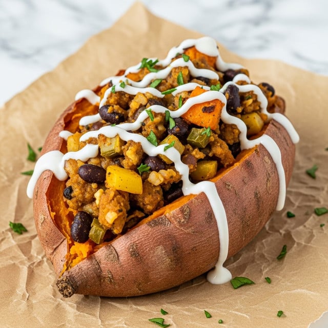The image shows a baked sweet potato split open and filled with multiple layers. The base is the orange, soft cooked sweet potato with its skin forming a boat shape. On top of this is a layer of mixed filling with a mix of textures and colors including beige soft chunks, green pieces, yellow bits, and black beans scattered throughout. This stuffing layer looks cooked and mixed well. Over the filling, there is a drizzle of white creamy sauce going across in lines. Small green herb pieces are sprinkled on top and around, adding detail. The food is placed on crumpled brown paper, but the background is changed to a white marbled texture. photo taken with an iphone --ar 4:5 --v 7