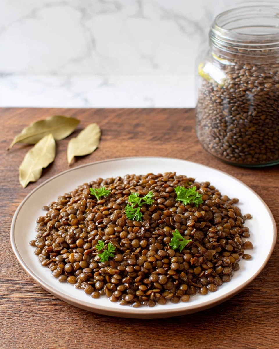 A white plate filled with one thick layer of cooked brown lentils, slightly glossy and textured, spread evenly across the plate. Four small bright green parsley leaves lie scattered on top, adding contrast. Behind the plate, on a wooden surface, there is a clear glass jar filled with dry brown lentils and two dry bay leaves laying flat. The background features a white marbled texture. photo taken with an iphone --ar 4:5 --v 7