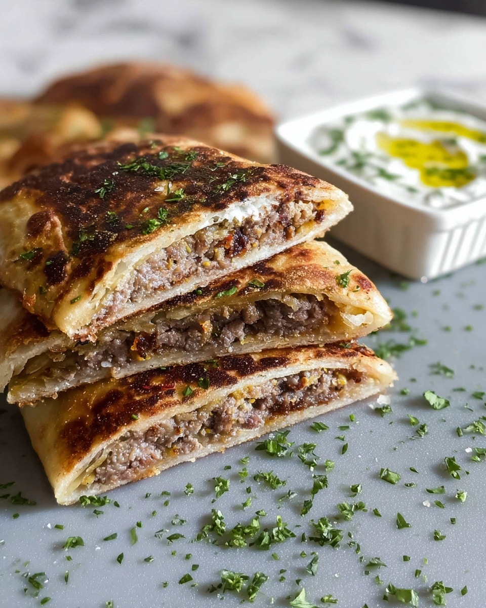 The image shows two stacks of three meat-filled flatbreads, each cut in half to reveal the inside layers. The outer layer is golden brown and crispy, while the inner layer consists of a cooked, slightly crumbly meat filling with some herbs mixed in, adding green specks throughout. The flatbreads are placed on a gray surface sprinkled with finely chopped green herbs. In the background, there is a small white dish with a creamy white dip, garnished with green herbs and a drizzle of yellow oil, all set against a white marbled texture. Photo taken with an iphone --ar 4:5 --v 7
