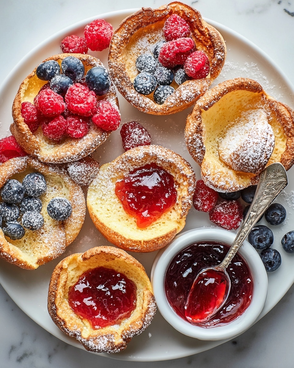 A white plate on a white marbled surface holds nine golden-brown Dutch baby pancakes, each with a puffed and slightly crisp edge and a soft center. Six of the pancakes are topped with powdered sugar and various fresh berries: bright red raspberries and dark blue blueberries, some layered together. Two pancakes have a dollop of shiny red jam in the middle, while one pancake is plain with just powdered sugar. On the right side of the plate, a small white bowl filled with glossy red jam includes a spoon. The scattered powdered sugar adds a snowy effect, enhancing the warm golden and bright colors of the dish photo taken with an iphone --ar 4:5 --v 7