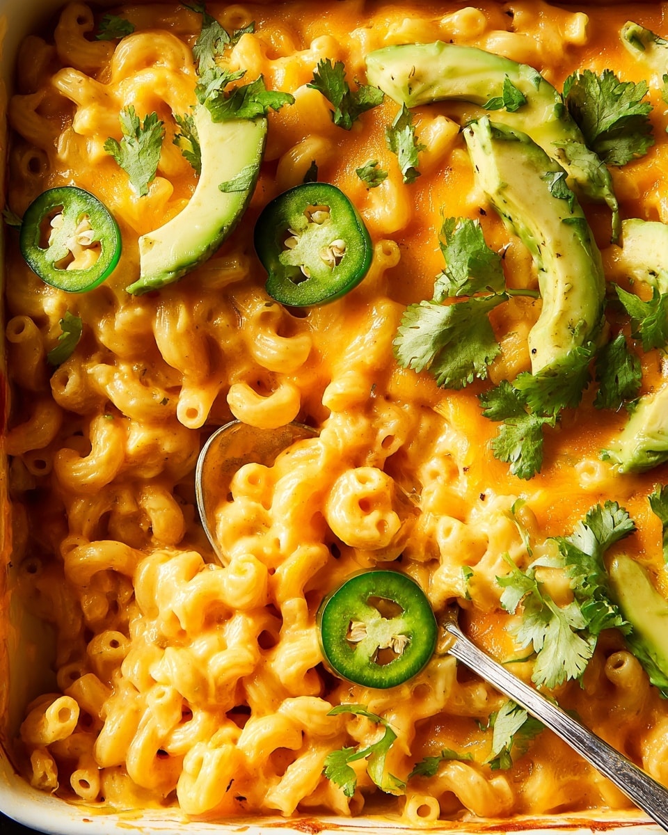 A close-up view of a creamy macaroni dish in a white baking pan, showing one corner scooped out with a silver spoon. The macaroni is covered in a smooth, rich orange cheese sauce, topped with green slices of avocado, round slices of pickled jalapeños, and fresh green cilantro leaves scattered evenly across the surface. The cheese sauce looks thick and glossy, coating the elbow pasta completely. The white marbled background enhances the warm and fresh colors of the dish. photo taken with an iphone --ar 4:5 --v 7