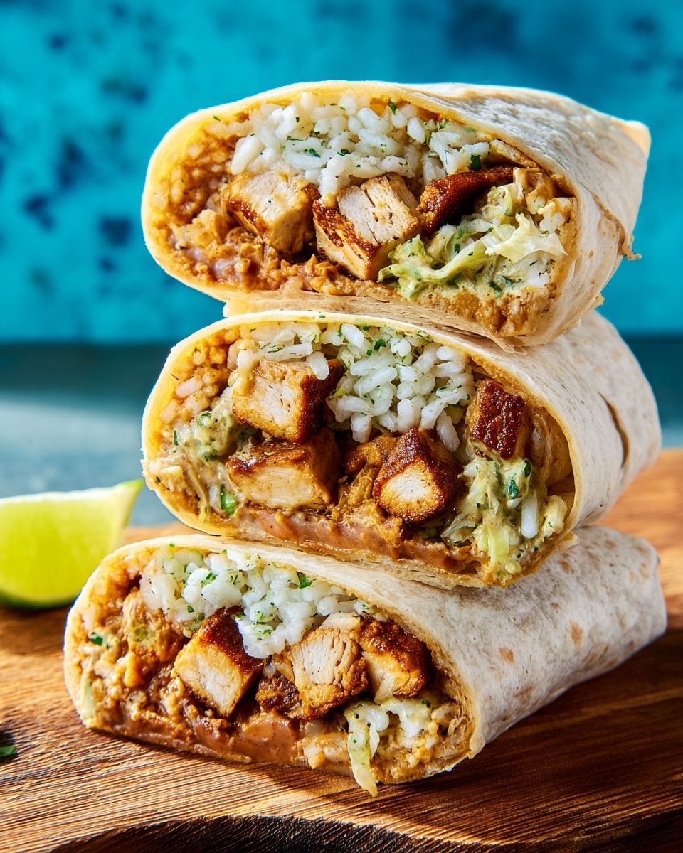 A close-up view of a stack of three cut burrito halves on a wooden board with a wedge of lime beside them, all set against a blue background. Each burrito shows several visible layers: the outer layer is a light beige tortilla wrap, inside which there is a layer of white rice mixed with herbs, followed by a layer of brown beans. Large chunks of golden-brown grilled tofu pieces are nestled within, surrounded by a mix of creamy light brown sauce and some shredded lettuce. The burritos are stacked carefully with the open sides facing forward, showing the textured filling inside. Photo taken with an iphone --ar 4:5 --v 7