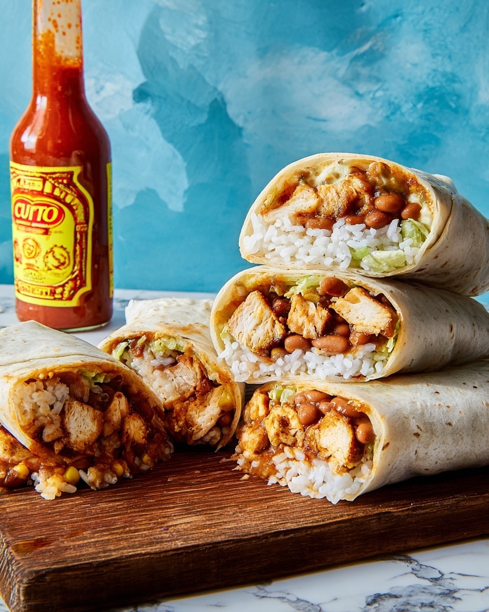 The image shows four burrito halves stacked on a wooden board against a blue textured wall and white marbled texture surface. Each burrito is wrapped in a soft, light beige tortilla and tightly filled with layers of white rice, cooked brown beans, and chunks of seasoned golden-brown grilled chicken. Some creamy sauce and a slight glaze of reddish-brown sauce can be seen oozing near the filling edges. To the left side, a tall bottle of hot sauce with a yellow and red label stands upright. The whole setup looks fresh and appetizing, with the burritos positioned at different angles to show the filling clearly. Photo taken with an iphone --ar 4:5 --v 7