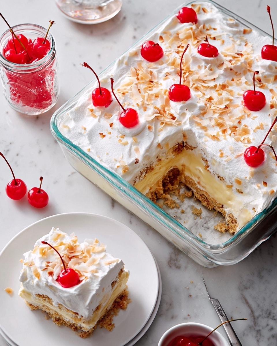 This image shows a dessert in a glass baking dish with three visible layers: a crumbly light brown base, a creamy pale yellow middle layer, and a thick white whipped topping covering the top. Bright red maraschino cherries with stems decorate the whipped cream layer, scattered evenly along with toasted coconut flakes. A square piece has been cut out, and next to the dish is a white plate holding a slice of the dessert with the same layers and a cherry on top. Nearby is a small white bowl with one cherry and a jar of cherries, all set on a white marbled surface. Photo taken with an iphone --ar 4:5 --v 7