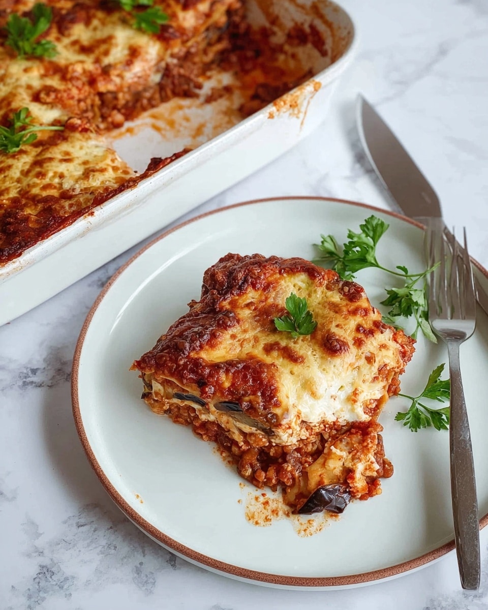 A plate with a single serving of baked lasagna sits on a white marbled surface. The lasagna has multiple layers visible: a browned, bubbly golden cheese layer on top, underneath a red tomato sauce with bits of lentils, and slices of eggplant visible in the layers beneath. The slice is garnished with fresh green parsley leaves on the side of the white plate with a thin brown rim. Nearby, a white baking dish with more lasagna shows where the piece was cut out, with melted cheese and sauce clinging to the dish edges. A knife and fork with a shiny metallic finish lie crossed near the plate. photo taken with an iphone --ar 4:5 --v 7