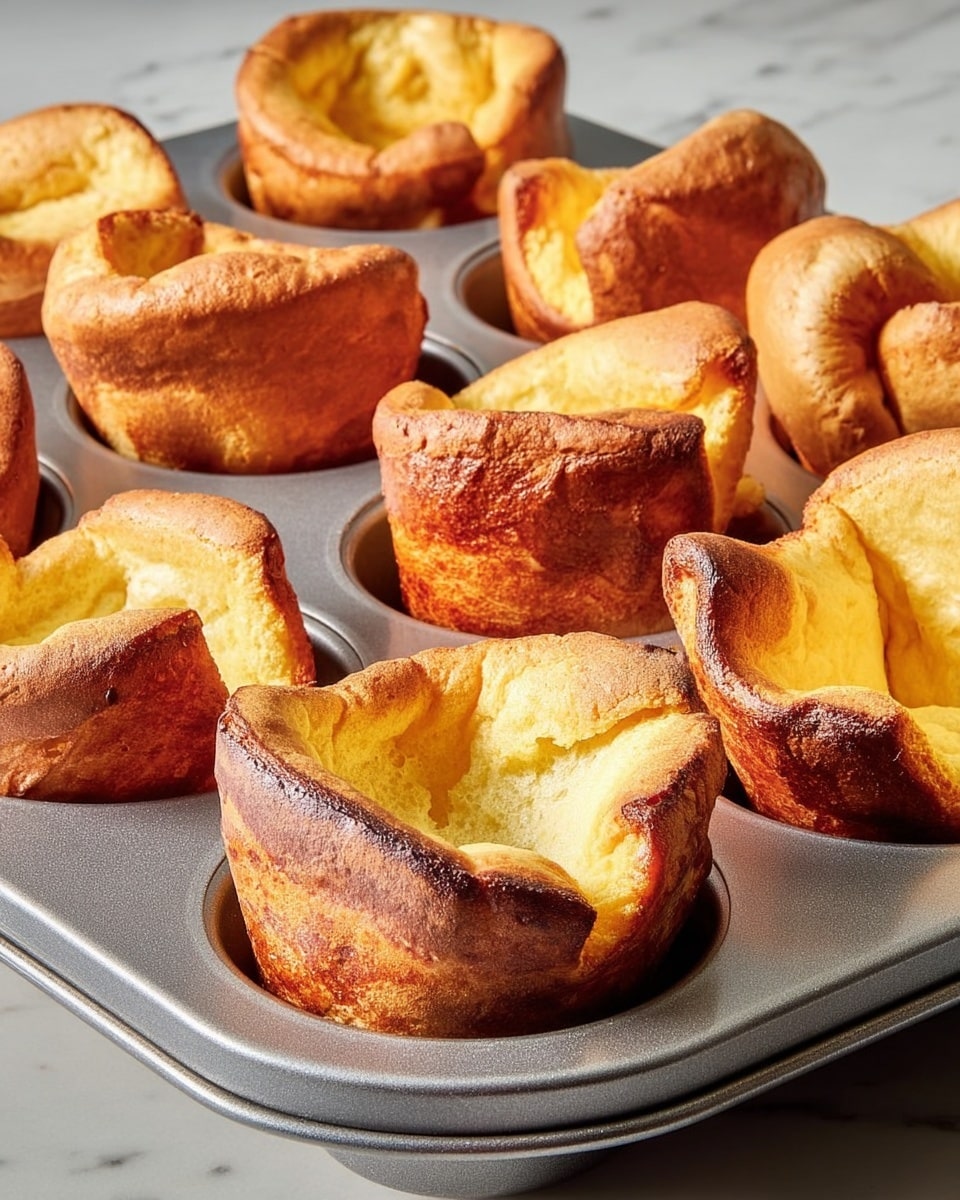 The image shows a metal muffin tray filled with eight golden brown Yorkshire puddings. Each pudding has a puffy, irregular shape with a mix of textures: soft, light yellow and pale golden inside layers with crisp, darker brown edges curling over the rims of the cups. The puddings rise unevenly, some more tall and others flatter, all with a slightly rough surface from baking. The tray sits on a white marbled texture, highlighting the warm tones of the baked goods. photo taken with an iphone --ar 4:5 --v 7