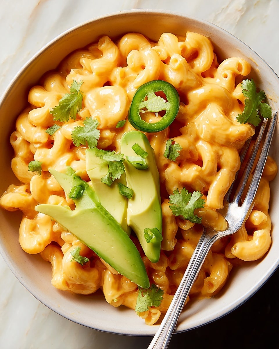 The image shows a bowl of creamy macaroni and cheese with a smooth orange cheese sauce covering the curved pasta. On top, there are two bright green avocado slices placed diagonally, adding a fresh look. Thin slices of green jalapeño peppers and small sprigs of cilantro are scattered around, adding vibrant touches of green. A silver fork rests inside the bowl on the right side, partially covered in cheese sauce. The bowl is white and sits on a white marbled textured surface. photo taken with an iphone --ar 4:5 --v 7