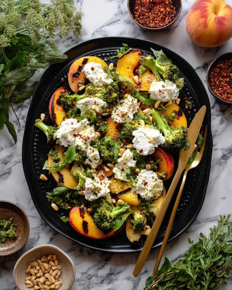 Grilled Peach Salad with Burrata, Pesto Croutons, and Fresh Herbs Recipe