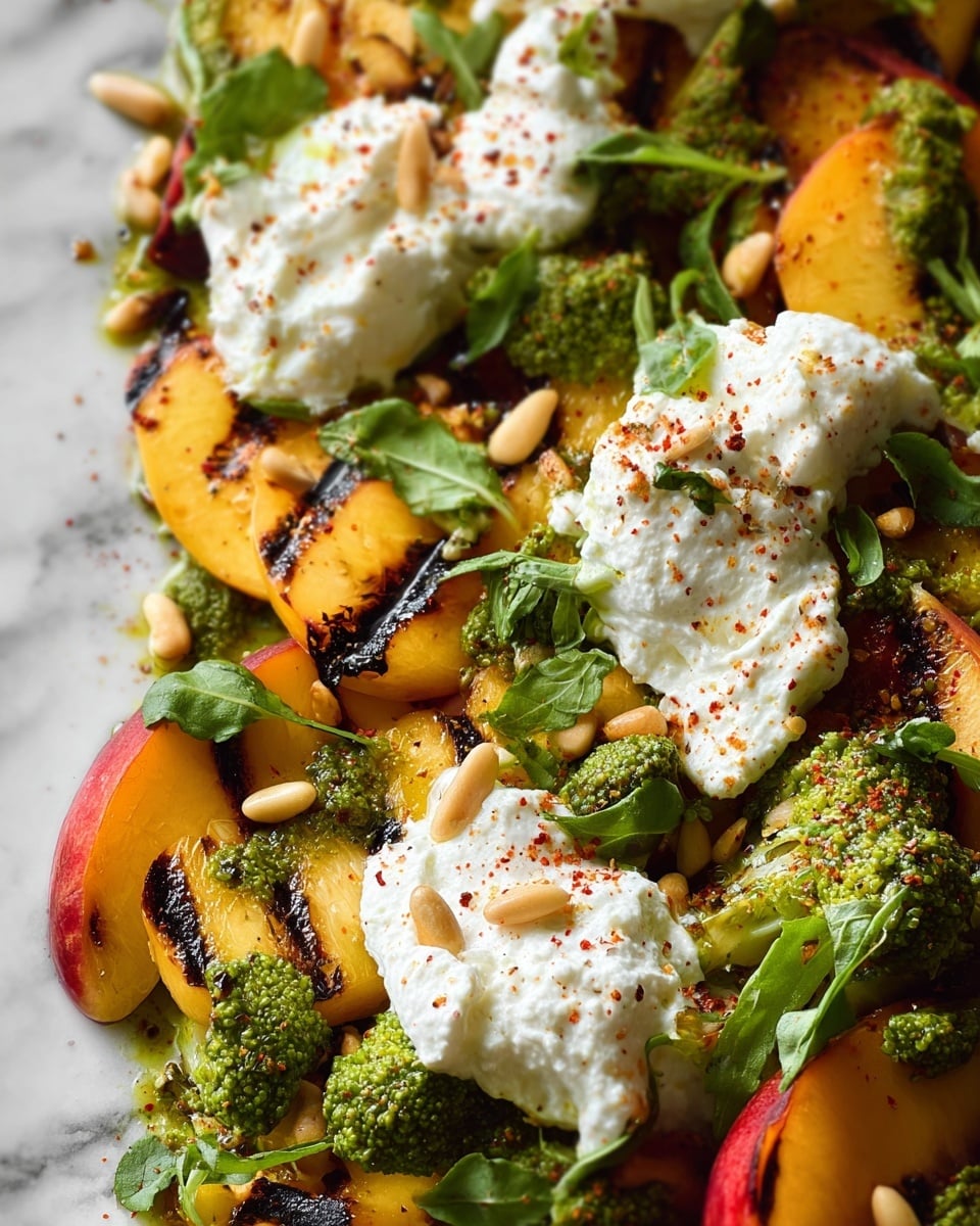 Grilled Peach Salad with Burrata, Pesto Croutons, and Fresh Herbs Recipe - Recipe Image