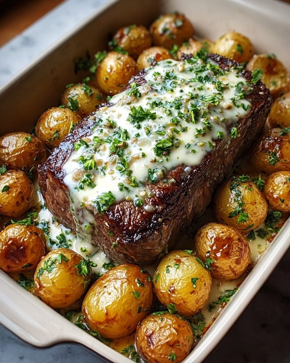 Creamy Garlic Butter Steak with Roasted Baby Potatoes Recipe - Recipe Image