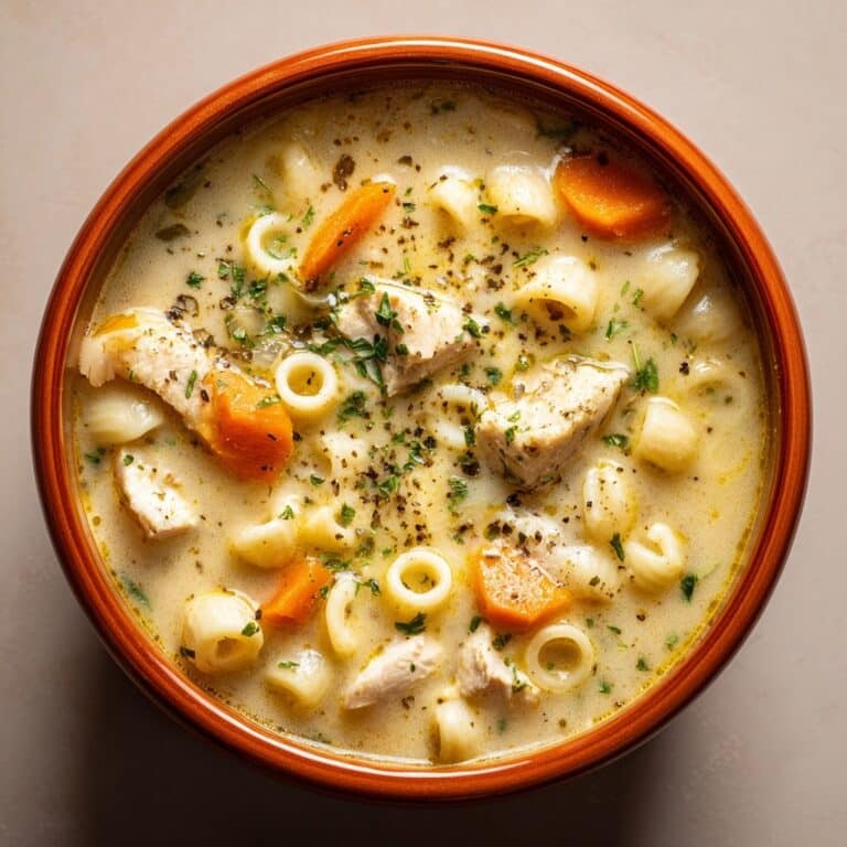 Creamy Chicken Noodle Soup with Crispy Bacon and Croutons Recipe