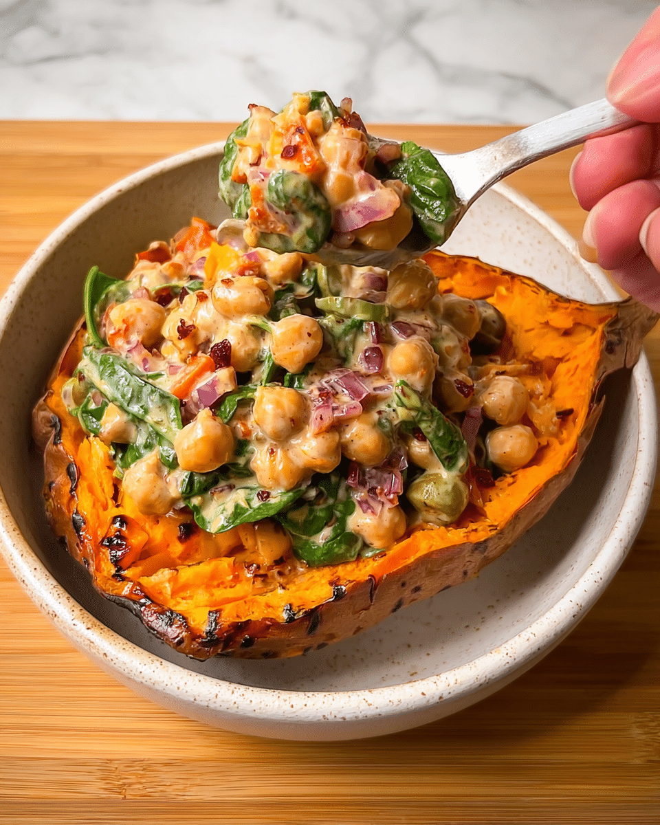 Loaded Baked Sweet Potatoes with Chickpeas, Spinach, Olives, Sun-Dried Tomatoes, and Tahini Sauce Recipe - Recipe Image