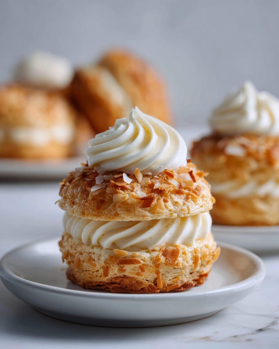 Chocolate Toasted Coconut Donuts with Chocolate Glaze and Vanilla Cream Topping Recipe - Recipe Image